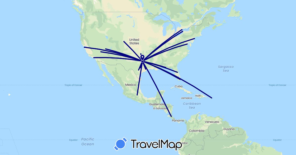 TravelMap itinerary: driving in Canada, Costa Rica, Mexico, United States (North America)